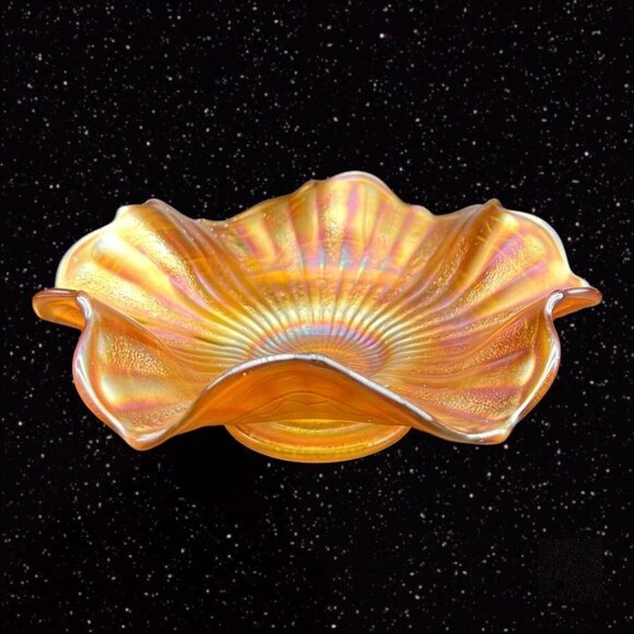 Fenton Glass Stippled Rays Scale Band Exterior Iridescent Bowl Marigold 6.5”W 2” - Picture 1 of 12